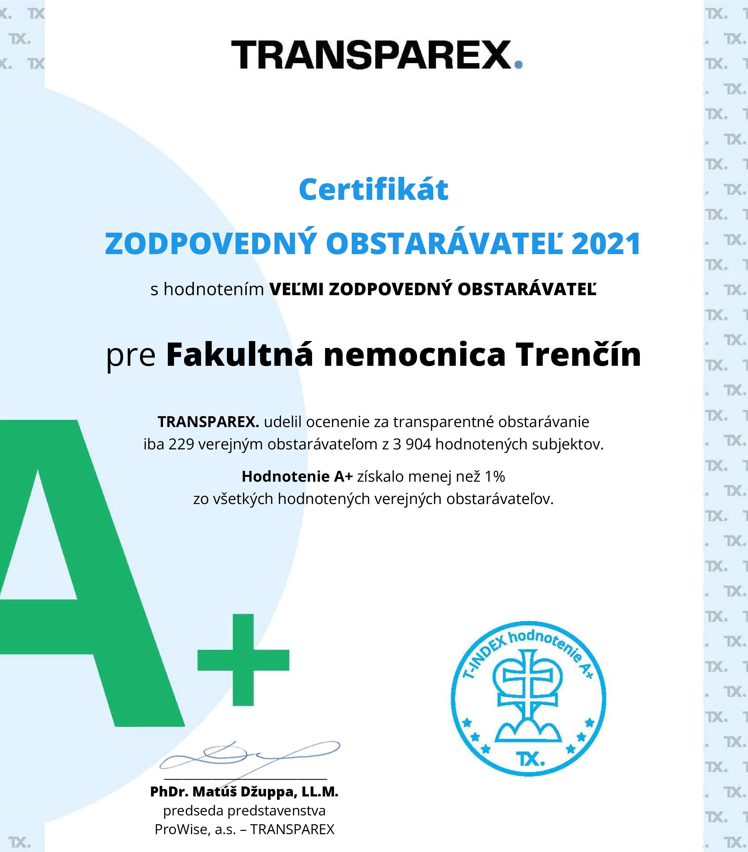 Ocenenie Zodpovedný obstarávateľ 2021 pre Fakultnú nemocnicu Trenčín